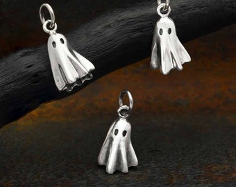 Sterling Silver 3D Ghost Charm Necklace - Whimsical Halloween Jewelry, Playful Sterling Charm, Spooky Ghost Pendant 6643