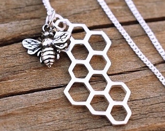Sterling Silver Bee & Honeycomb Necklace, Bumblebee Pendant, Dainty Honeybee Jewelry, Spring Jewelry, Nature-Inspired Gift for Her 1147 699