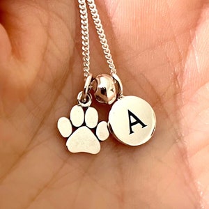 Personalised Paw Necklace, Silver Dog Paw Charm, Initial Disk, Gift for Pet Owner, Cat Gift for Her, Honor Pet Charm 1628 image 2