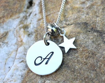 Silver Star and Initial Necklace, Engraved Letter Cursive Charm, Celestial Necklace, Tiny Star Charm, Star and Initial Disc 862