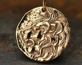 Mens Coin Pendant / Bronze Lion Head Pendant / Ancient Coin Replica Greek Charm 18K Gold Plated Necklace / Mythology / B1108