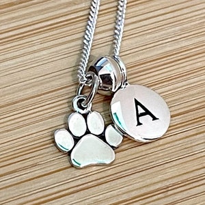 Personalised Paw Necklace, Silver Dog Paw Charm, Initial Disk, Gift for Pet Owner, Cat Gift for Her, Honor Pet Charm 1628 image 1
