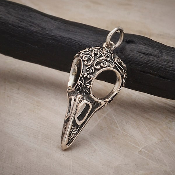 Sterling Silver Raven Skull Charm Scroll Carving / Pendant Whimsigoth Gothic Dead / Talisman Sparrow / Western Valhalla 7028