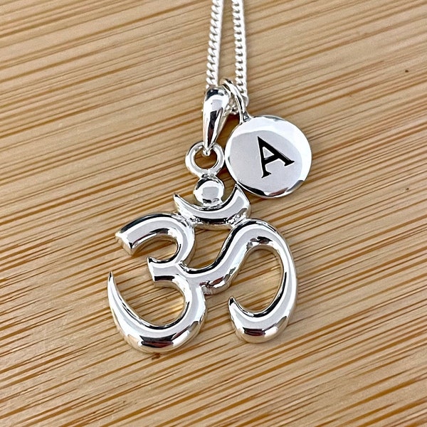 Sterling Silver Ohm Necklace with Initial, Personalised Om Charm, Personalized Yoga Necklace for Her, Buddhist Jewelry 343