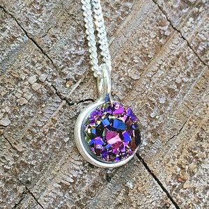 Druzy Pendant Sterling Silver Bezel Drusy Pendant Violet Purple Blue White Gold Round 8mm Simple Necklace Gemstone Wedding Glitter Stone