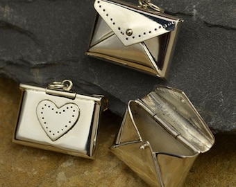 Silver Envelope Locket, Heart Love Letter Real Locket Charm Pendant Necklace 2681
