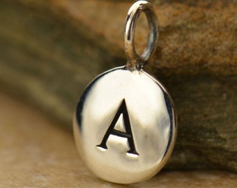 Silver Initial Charm Necklace - Personalized Letter Disc Pendant - Women's Sterling Silver Typewriter Font