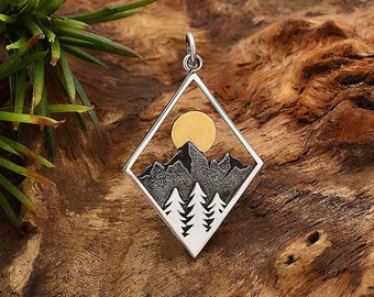 Collier argent avec pendentif montagne lever du soleil, cadeau de voyage, cadeau de remise des diplômes, camping ski snowboard, randonnée nature paysage pendentif 4156