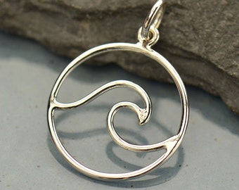 Ocean Wave Necklace / 925 Sterling Silver Pendant Waves Charm / Beach Marine Sea Life Seaside 3046