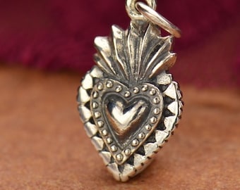 Collier coeur flamboyant en argent, breloque mexicaine sacré-coeur de Jésus, cadeau catholique pour femme, bijoux pour femmes chrétiennes, pendentif ex voto 1076