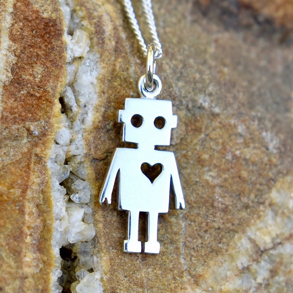 Sterling Silver Robot Charm Necklace, Robot Lover, Fairy Tale Charm, Robot Heart, Robot Jewellery UK, AI Charm Necklace 1580