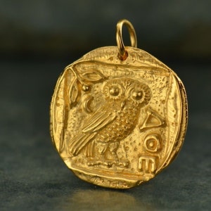 Ancient Coin Owl Gold Pendant Necklace / Men or Women Necklace / Athena&#39;s Owl / Replica Greek Charm Satin 24K Gold Necklace / Mythology G886