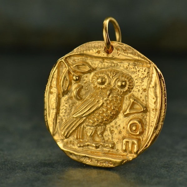 Ancient Coin Owl Gold Pendant Necklace / Men or Women Necklace / Athena's Owl / Replica Greek Charm Satin 24K Gold Necklace / Mythology G886