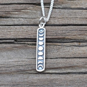 925 Sterling Silver Etched Moon Phases Vertical Charm Pendant Necklace ...