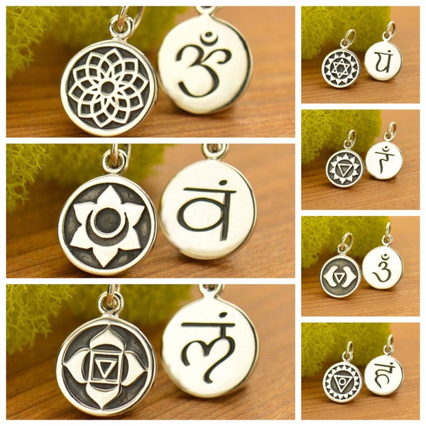 925 Sterling Silver Etched Heart Chakra Charm / Chakras Root Crown Throat Sacral Third Eye Solar Plexus / Yoga Sanskrit / Pendant Necklace