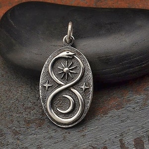 Silver Infinity Snake Pendant with Sun and Moon, Ouroboros Serpent Necklace, Snake Eating Tail, Renewal Rebirth Goth Boho Tribal 6318