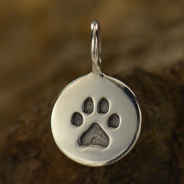 Hund Katze Pfote 925 Sterling Silber Rund geätzt Charme Halskette / PawPrint Haustiere Pfotenabdruck / Anhänger 682