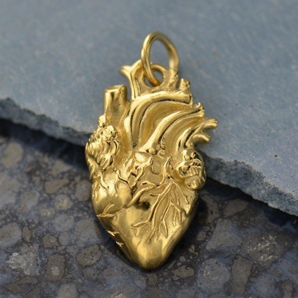 Anatomical Heart 14K Gold Plate Lifelike 3D Charm Pendant Necklace / Goth Emo Gothic / Medical Staff Doctor Nurse / Love Heartbeat G1164