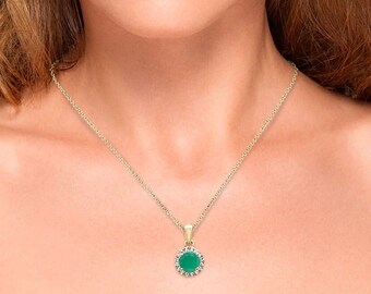 Round Emerald Gemstone Necklace / 14K Yellow Gold with Diamonds Pendant / Dainty