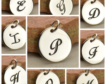 Silver Cursive Letter Disk Charm, Monogram Necklace, Alphabet initial Pendant