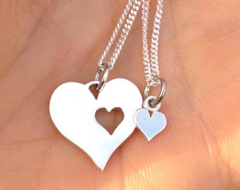 Mom Daughter Jewelry / Heart Necklace Set / 925 Sterling Silver Gift for Mom / Gift for Daughter / Valentine's Day Best Friends Love / 1398