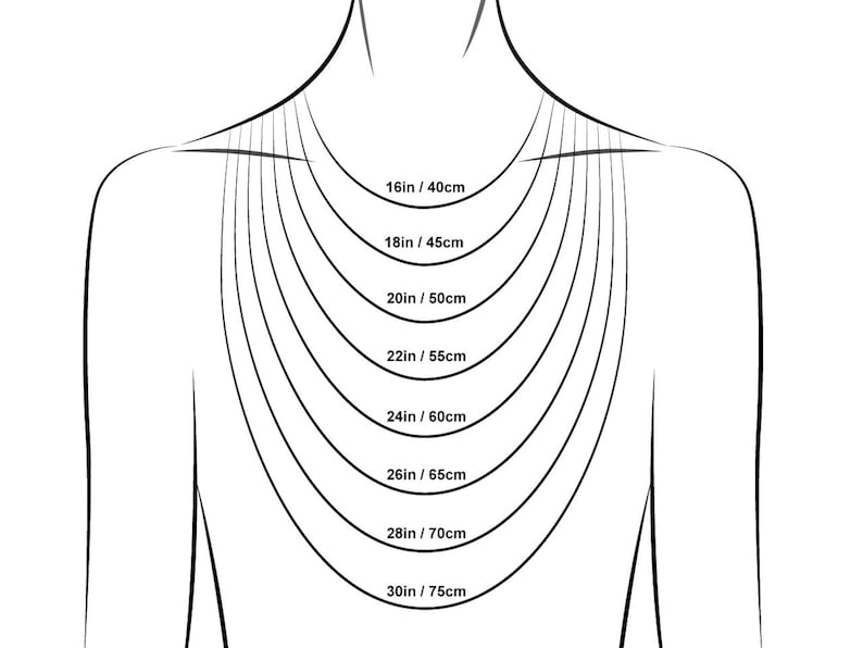 May include: A line drawing of a person's neck and shoulders with lines indicating different necklace lengths in inches and centimeters. The lengths are 16 inches/40 centimeters, 18 inches/45 centimeters, 20 inches/50 centimeters, 22 inches/55 centimeters, 24 inches/60 centimeters, 26 inches/65 centimeters, 28 inches/70 centimeters, and 30 inches/75 centimeters.