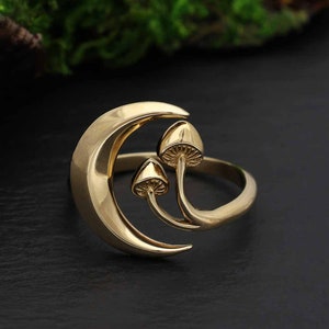 Justerbar ring i brons med halvmåne och svamp | Nyckfulla skogssmycken för män och kvinnor | Fairycore Whimsigoth bronsring B226