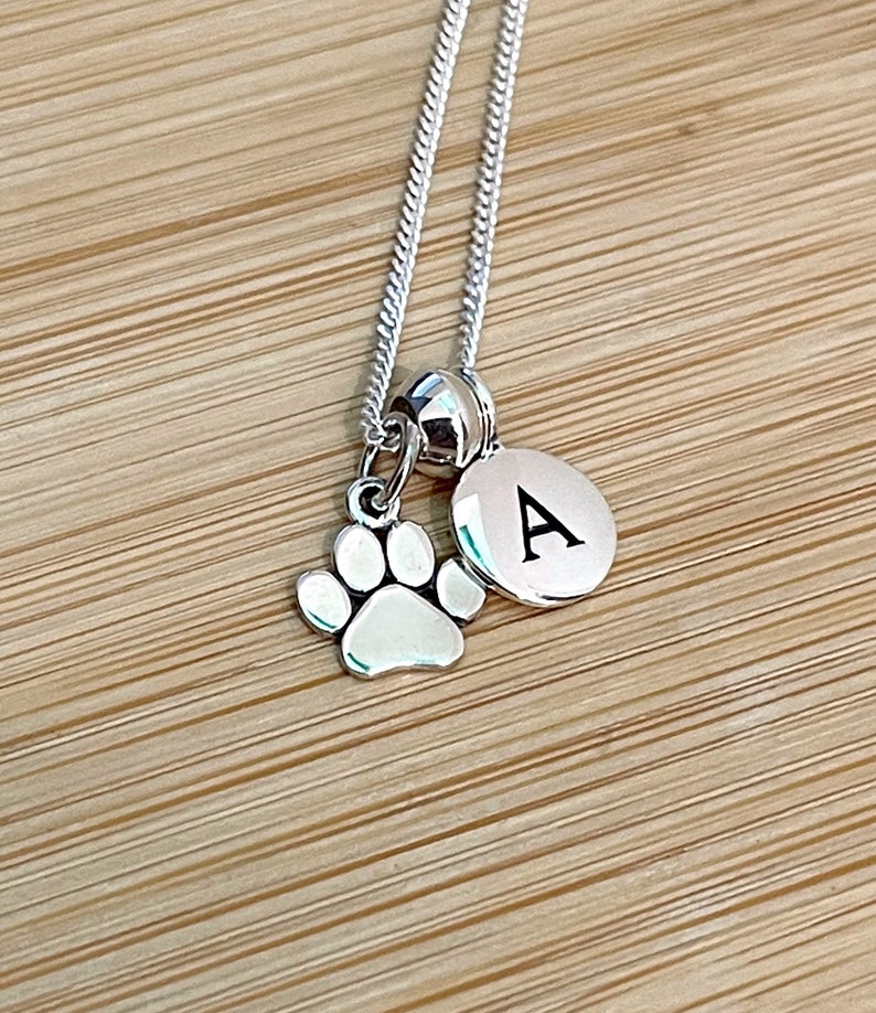 Personalised Paw Necklace, Silver Dog Paw Charm, Initial Disk, Gift for Pet Owner, Cat Gift for Her, Honor Pet Charm 1628 image 1