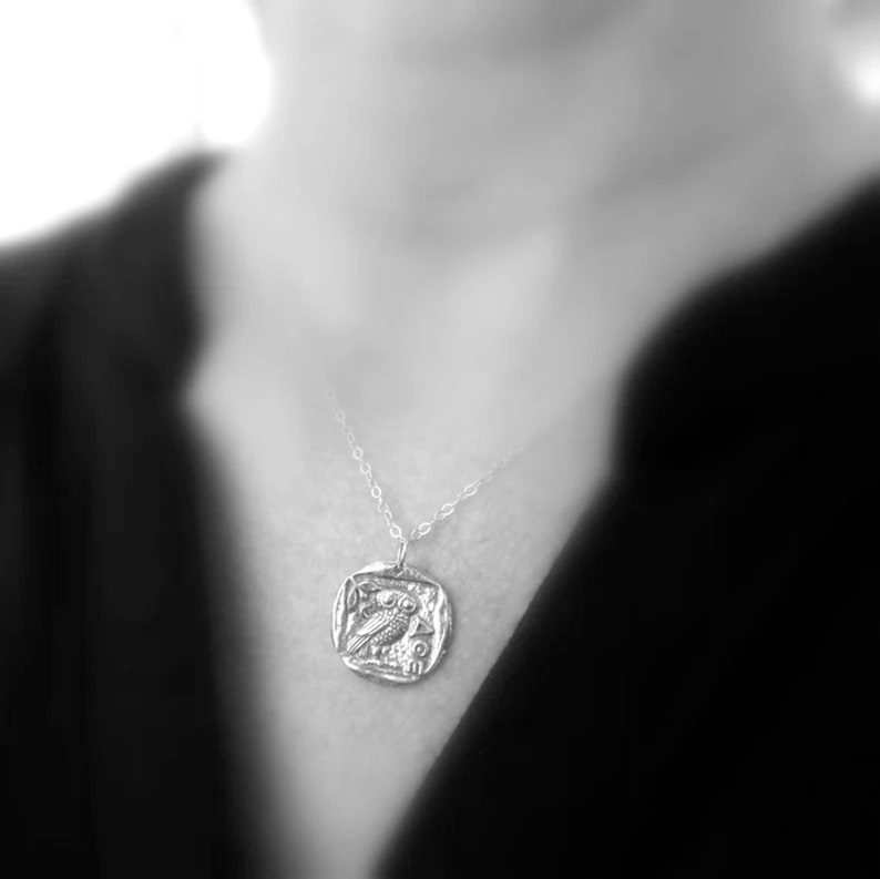 May include: A silver necklace with a square pendant featuring an owl design.