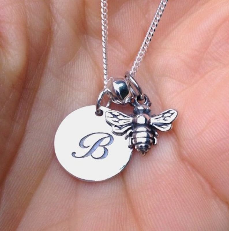 Bee Honeybee Bumblebee Sterling Silver Necklace Personalized Monogram Charm Initial pendant Spring Jewelry Flying Insect 699