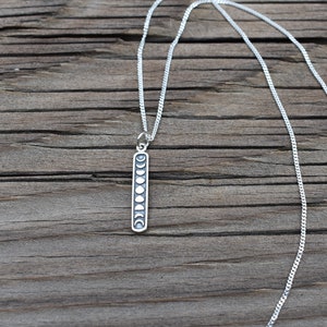 925 Sterling Silver Etched Moon Phases Vertical Charm Pendant Necklace