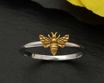 Tiny Bee Ring, Sterling Silver Ring with Tiny Bronze Bee, Bumblebee Spring Insects, Honeybee Chakra, Yoga Jewelry, Recycled Silver Metal 63