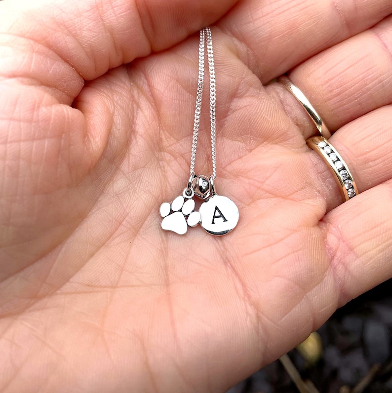 Personalised Paw Necklace, Silver Dog Paw Charm, Initial Disk, Gift for Pet Owner, Cat Gift for Her, Honor Pet Charm 1628 image 5