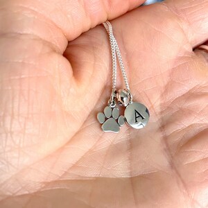 Personalised Paw Necklace, Silver Dog Paw Charm, Initial Disk, Gift for Pet Owner, Cat Gift for Her, Honor Pet Charm 1628 image 3