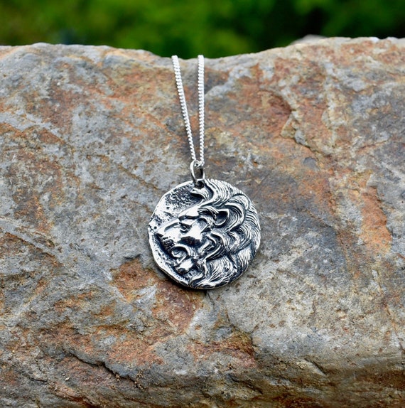 Mens Coin Pendant 925 Sterling Silver Lion Head Ancient Replica Greek Charm Necklace Mythology 1108