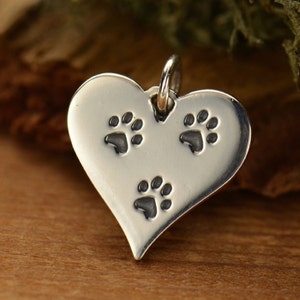 Paw Prints Charm, Dog Pawprint Necklace, Sterling Silver Cat Paw Pendant, animal puppy kitty pets, groomer gift, vet 1512