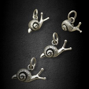 May include: Four silver snail charms with detailed shell and body features. These charms are perfect for adding a whimsical touch to jewelry or crafts.