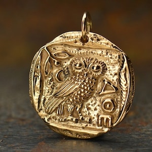 Pièce ancienne en bronze chouette d'Athéna, collier pour homme, réplique de la chouette d'Athéna grecque, mythologie, oxydé B886