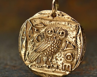 Bronze Ancient Coin Owl of Athena, Mens Coin Necklace, Greek Athena&#39;s Owl Replica, Mythology, Oxidised B886