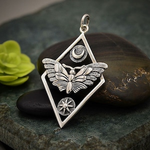 925 Sterling Silver Luna Moth with Sun and Moon Pendant Necklace, Whimsigoth Jewelry Pendant, Butterfly Charm 6152