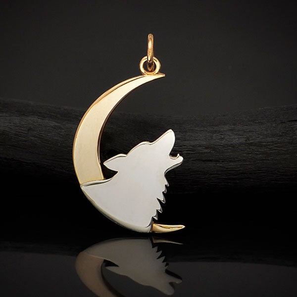 925 Sterling Silver Howling Wolf Charm Bronze Moon Night Sky Symbols Necklace / Animal Lunar silhouette / Crescent 4135