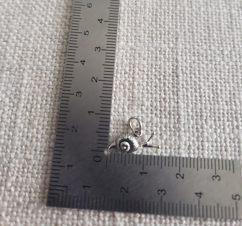 May include: A silver snail charm with a detailed shell and a curled tail. The charm is about 1 inch long and is measured against a ruler.