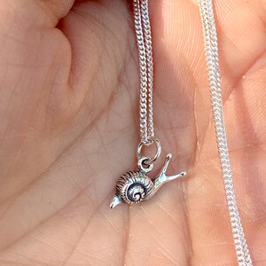 May include: A silver chain necklace with a small silver snail charm pendant.