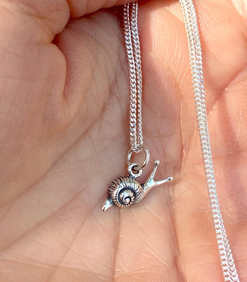 May include: A silver chain necklace with a small silver snail charm pendant.