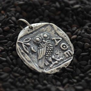 Owl of Athena Ancient Coin Necklace, Sterling Silver Greek Charm, Mythology Pendant Snake Chain, Men&#39;s & Women&#39;s Jewelry Strength Gift 886