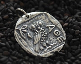 Owl of Athena Ancient Coin Necklace, Sterling Silver Greek Charm, Mythology Pendant Snake Chain, Men's & Women's Jewelry Strength Gift 886