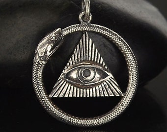 Sterling Silver All Seeing Eye and Ouroboros Pendant Necklace / Serpent Reptile Whimsigoth Gothic Goth Oxidized / Snake Eating Tail 7023