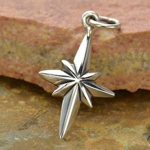 925 Sterling Silver North Star Compass Charm Necklace / Polaris Celestial / Adventure Travel Navigation 1255