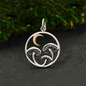 Sterling Silver Mushroom Pendant with Bronze Moon, Whimsigoth Necklace, Chanterelle Plant Nature Woodland Forest 6132