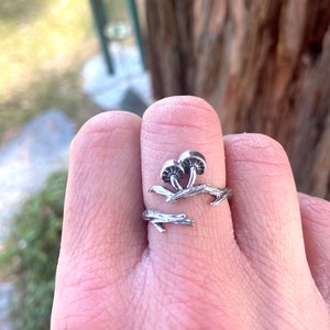 Sterling Silver Mushroom Woodland Ring, Whimsigoth, Magic Ring, Tree Branch Forest, Adjustable UK Sz J K L M N O P 142